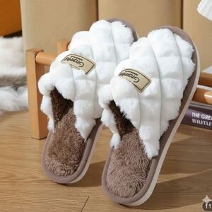 Women's White and Brown Fuzzy Slippers